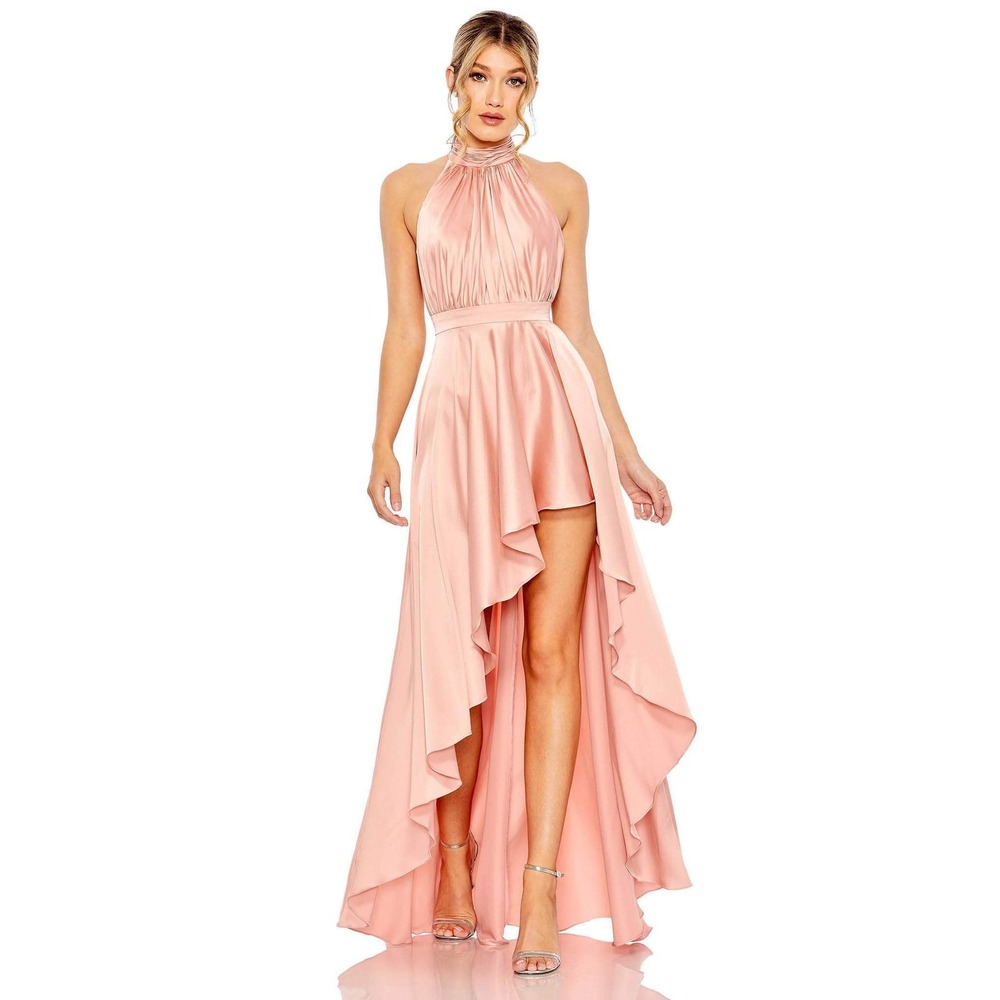 Ieena for Mac Duggal Rose Satin High Low Halter Bow Back Gown 49664 Size 14 NEW